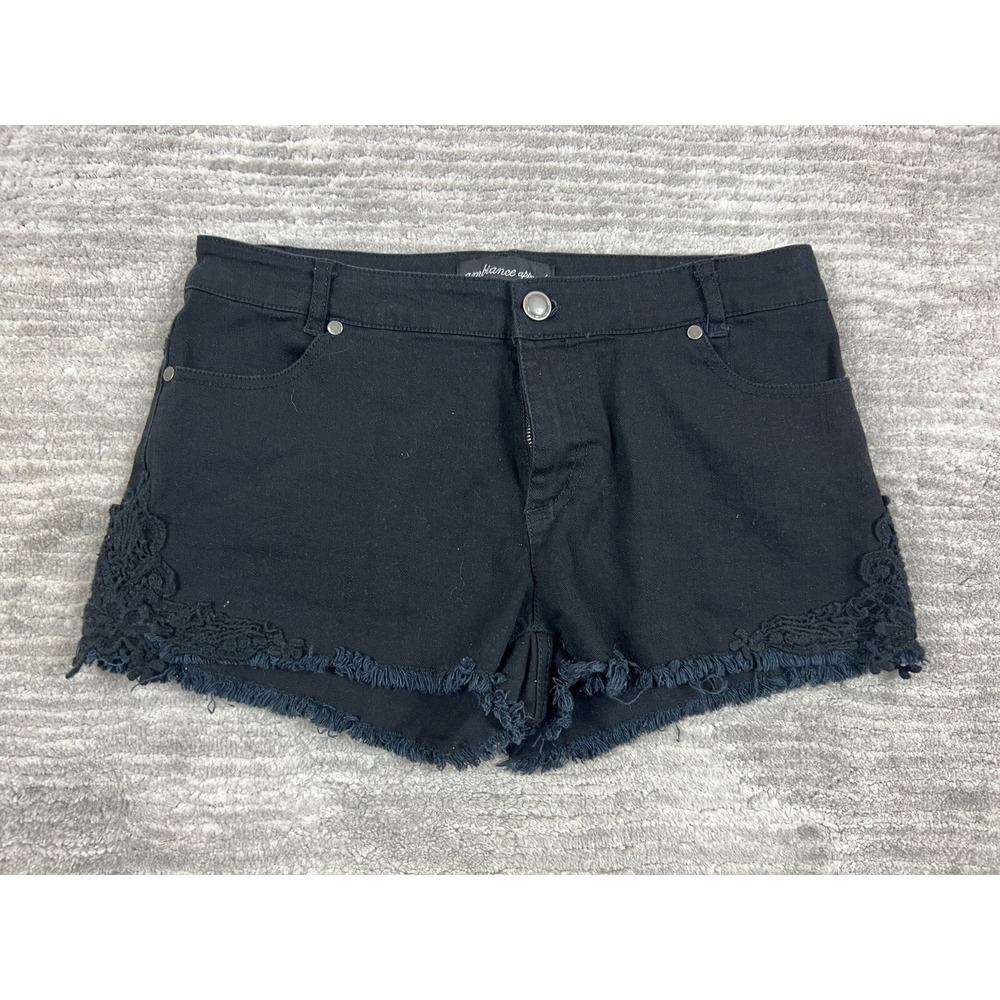 Ambiance Apparel Shorts Women L Black Crochet Lace Trim Frayed Hem Denim Cutoffs